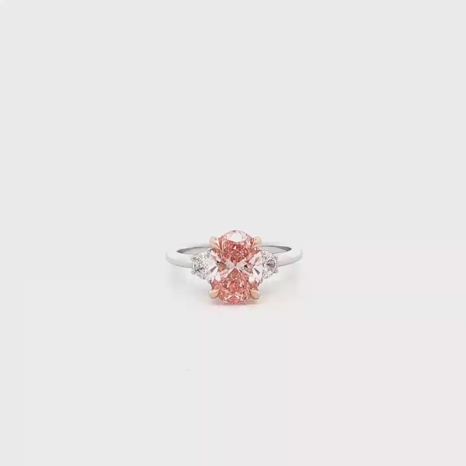 D9 14k Two Tone White Gold & Rose Gold Lab Grown Vivid Pink Oval Brilliant Engagement Ring 7'